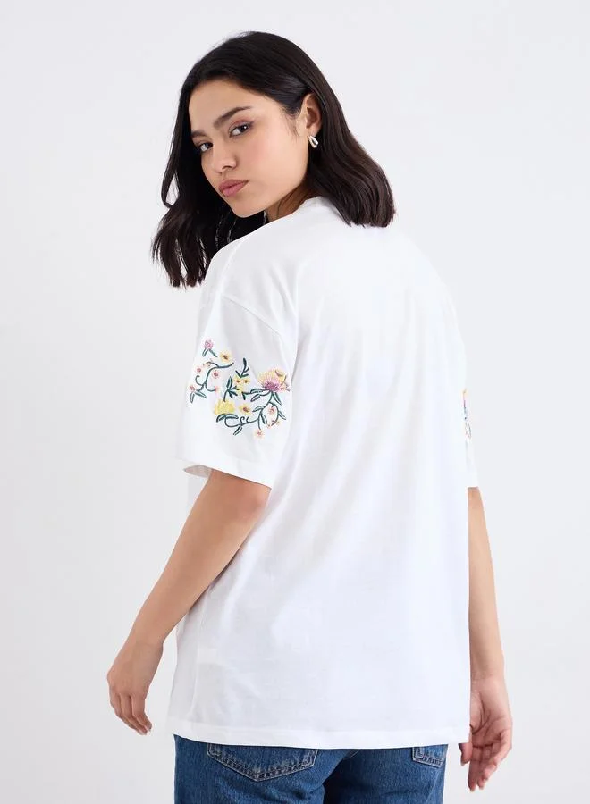 Styli Styli Floral Embroidered Round Neck Oversized T-Shirt